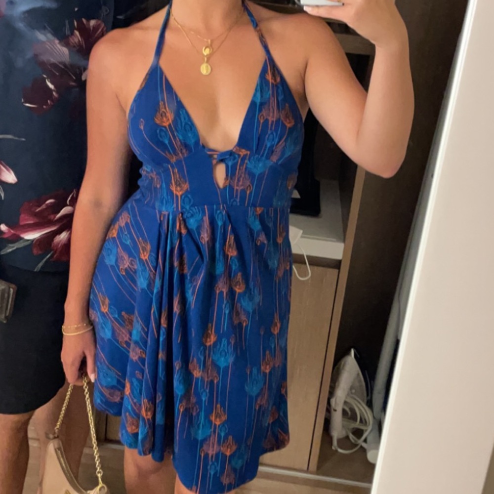 FREE PEOPLE XS SKATER BLUE CUT OUT MINI DRESS - Picture 1 of 3
